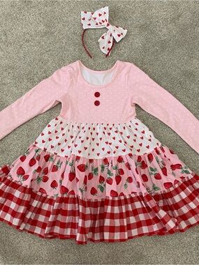 Tabitha Twinkle 5-6 Strawberry Heart Tiered Dress with Bow Headband